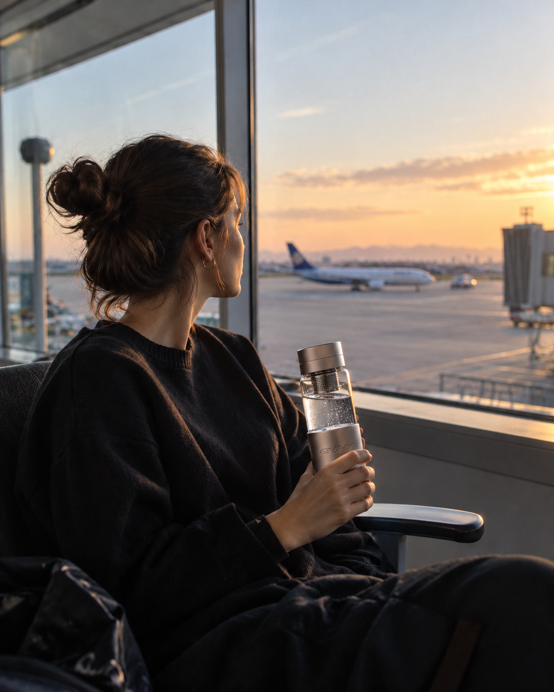 Woman with a hair bun seated at an airport window holding an ENJHY bottle, a plane parked on the tarmac in golden-hour light