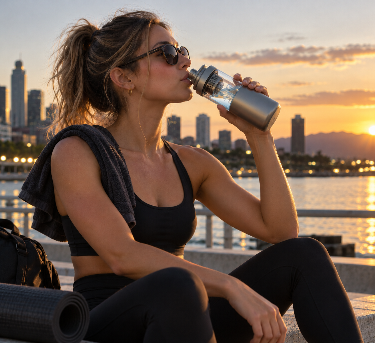 Woman in sunglasses drinking from an ENJHY Hydration bottle on a waterfront ledge at sunset