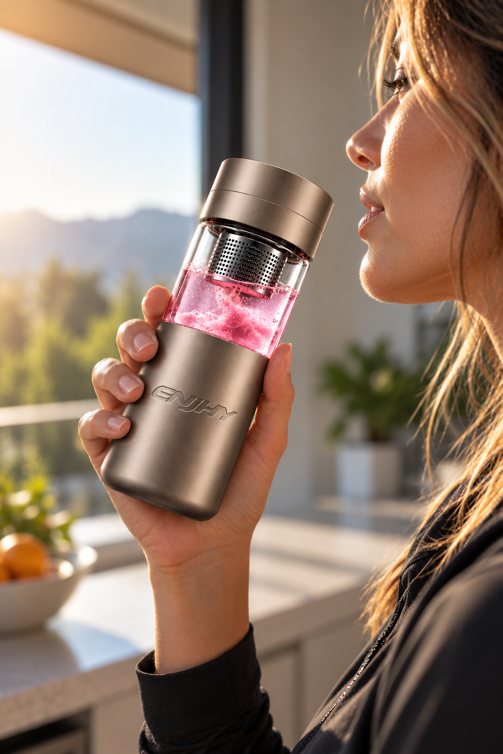 Woman at a sunlit window drinking ENJHY Essentials, its pink contents glowing inside the bottle